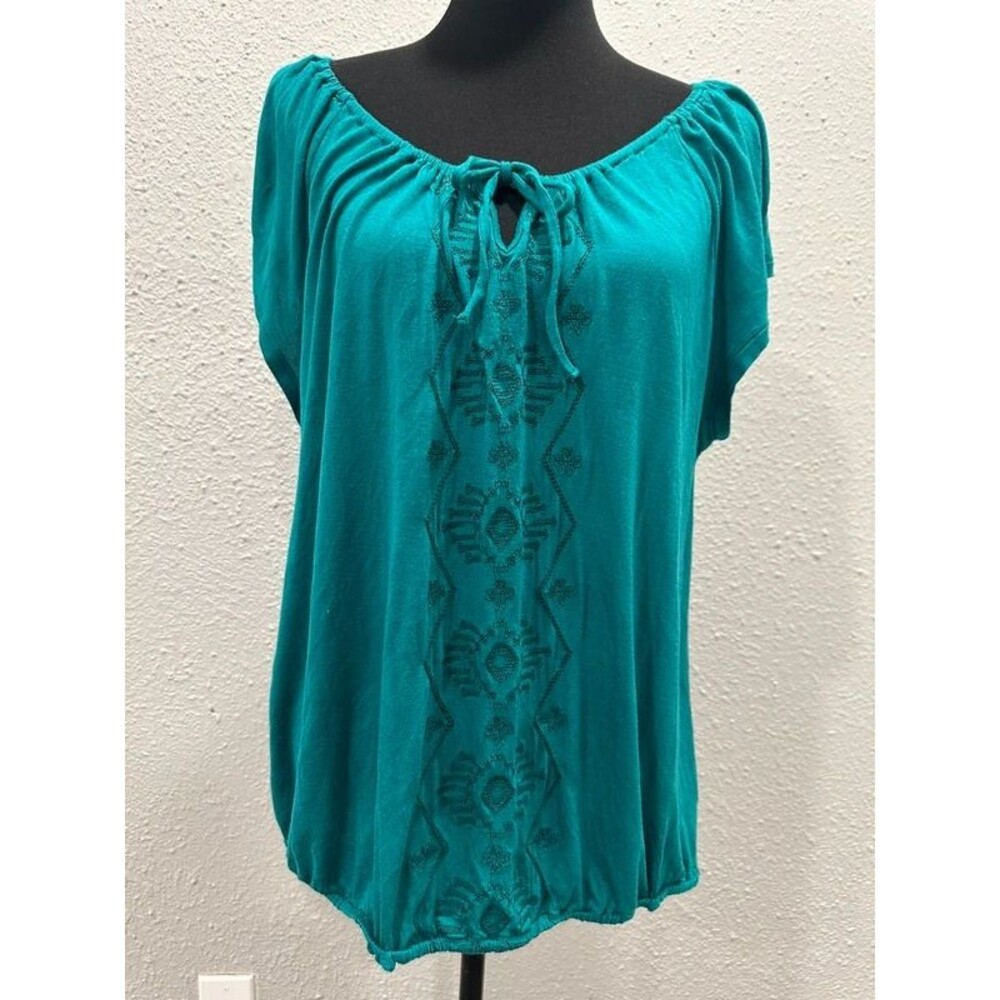 Old Navy Teal Embroidered Boho Top Size XL Short Sleeve Southwestern Western